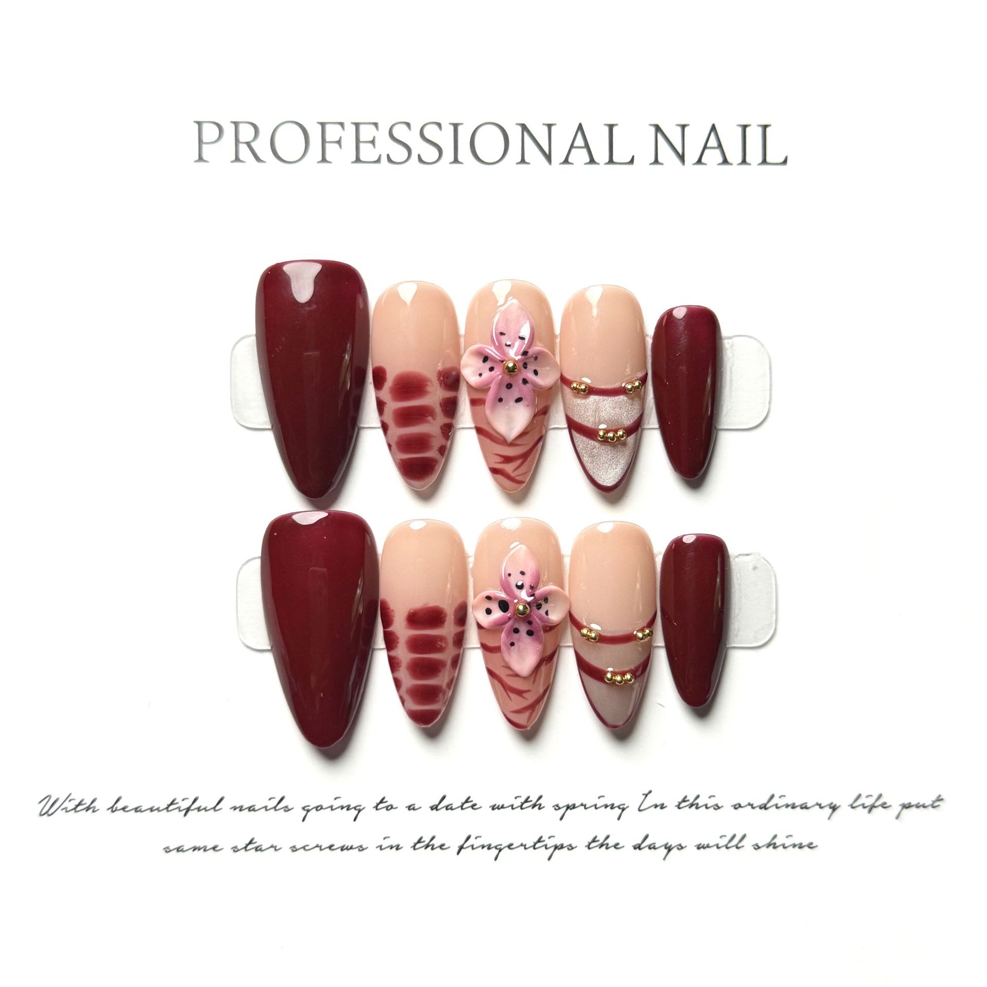 Nail Art Red Wine - 10 adet El Yapımı Badem Şeklinde