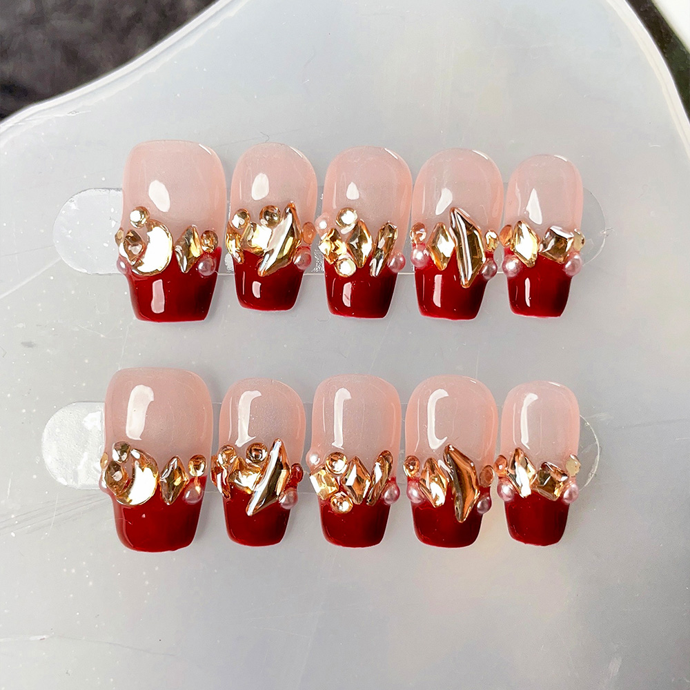 Nail Art Red Wine - 10 adet Kısa Trapez El Yapımı